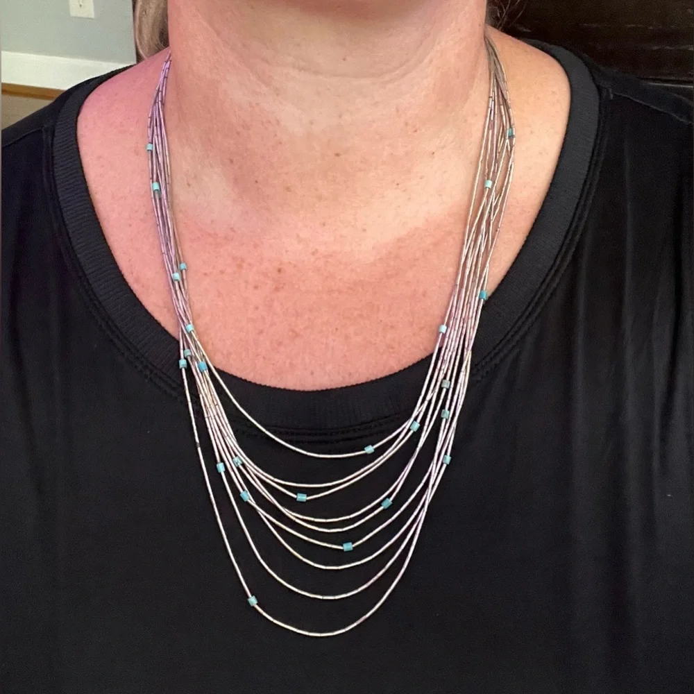 Vintage Navajo Liquid Silver Turquoise Heishi Sterling Silver Graduated Necklace